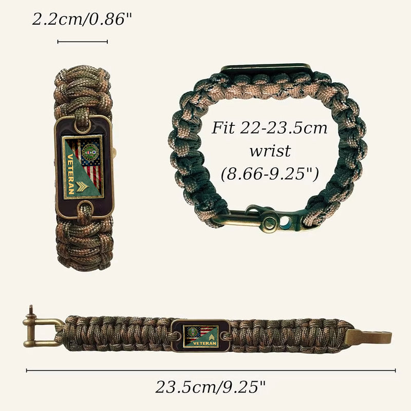 Military Veterans U.S Army Veteran Enlisted Rank Camo Paracord Bracelet - Tactical Survival Bracelet for Men with USA Flag Army Emblem & Rank