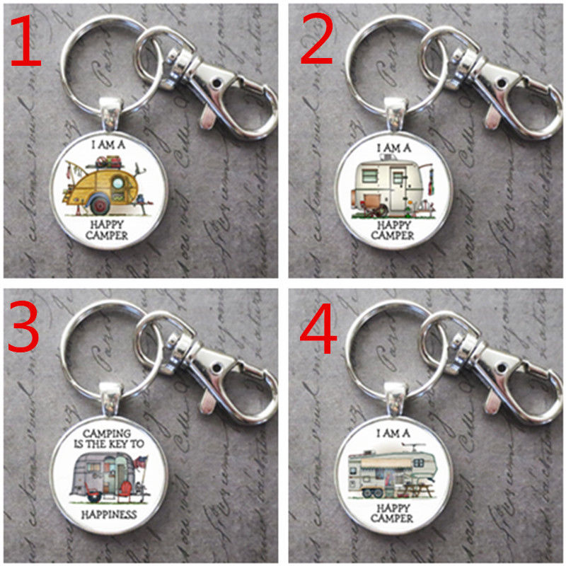 Charm Happy Camper Glass Cabochon Key Chain Pendant Accessories Jewelry