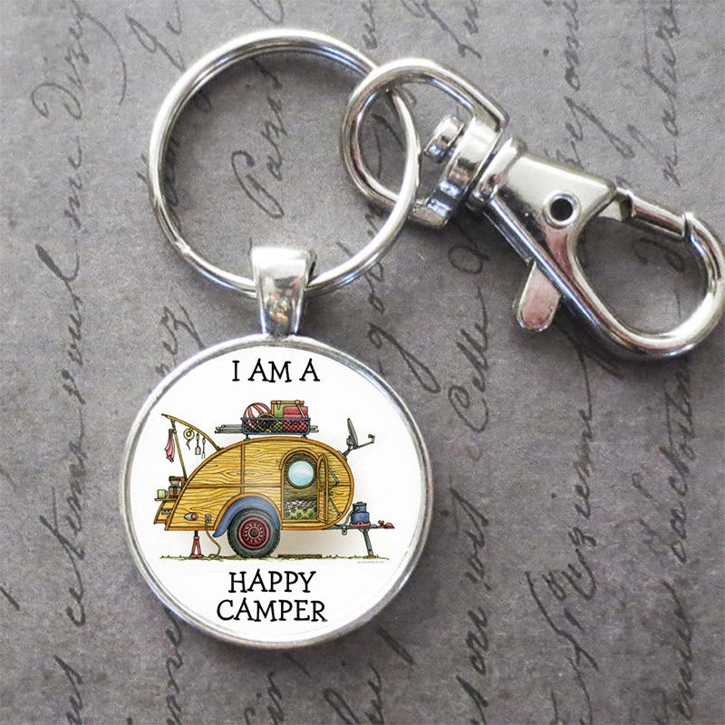 Charm Happy Camper Glass Cabochon Key Chain Pendant Accessories Jewelry