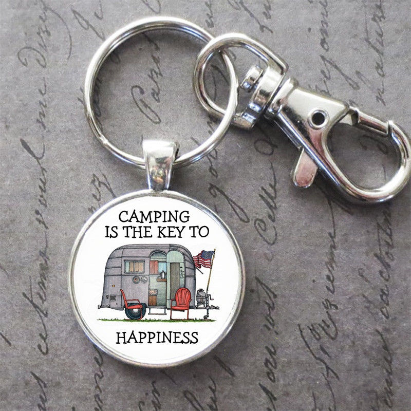 Charm Happy Camper Glass Cabochon Key Chain Pendant Accessories Jewelry
