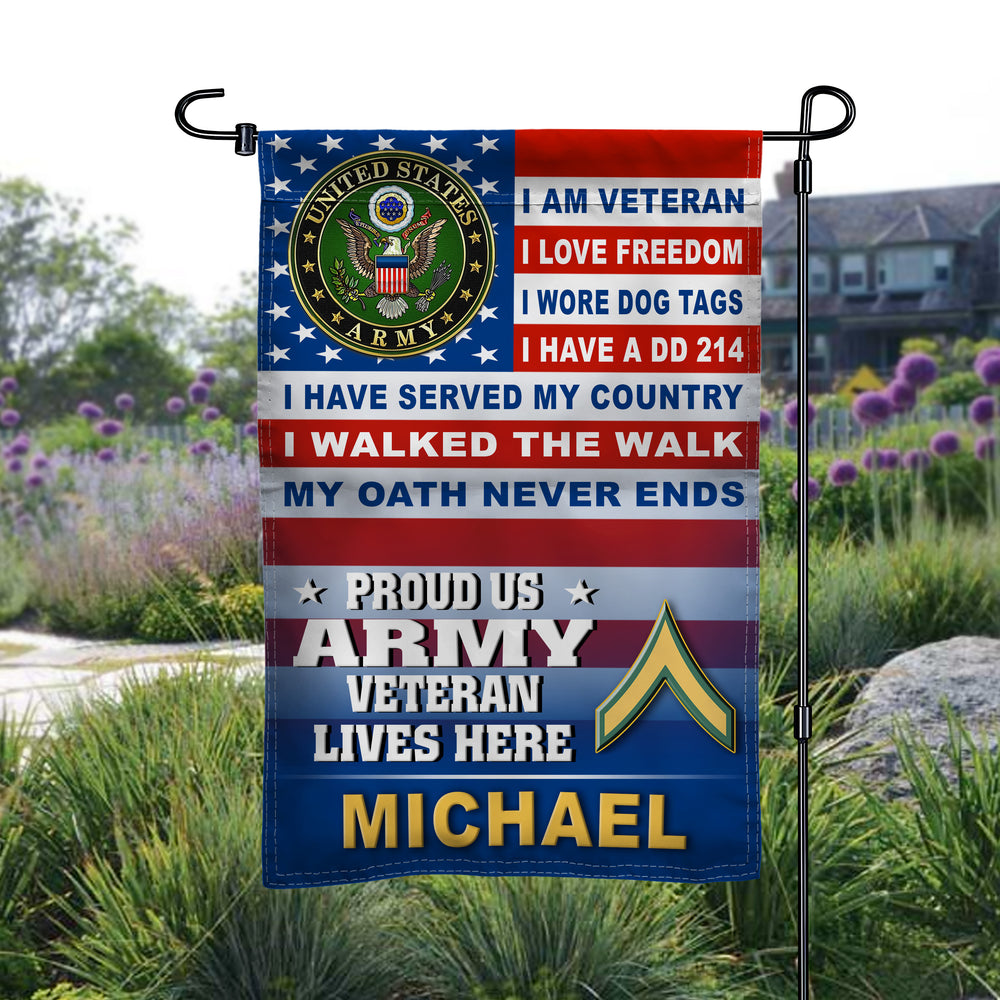 Proud US Army Veteran Lives Here Rank Army Veteran Garden Flag - Leave your name in our Note