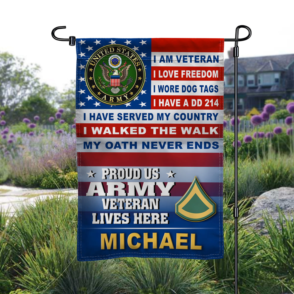 Proud US Army Veteran Lives Here Rank Army Veteran Garden Flag - Leave your name in our Note