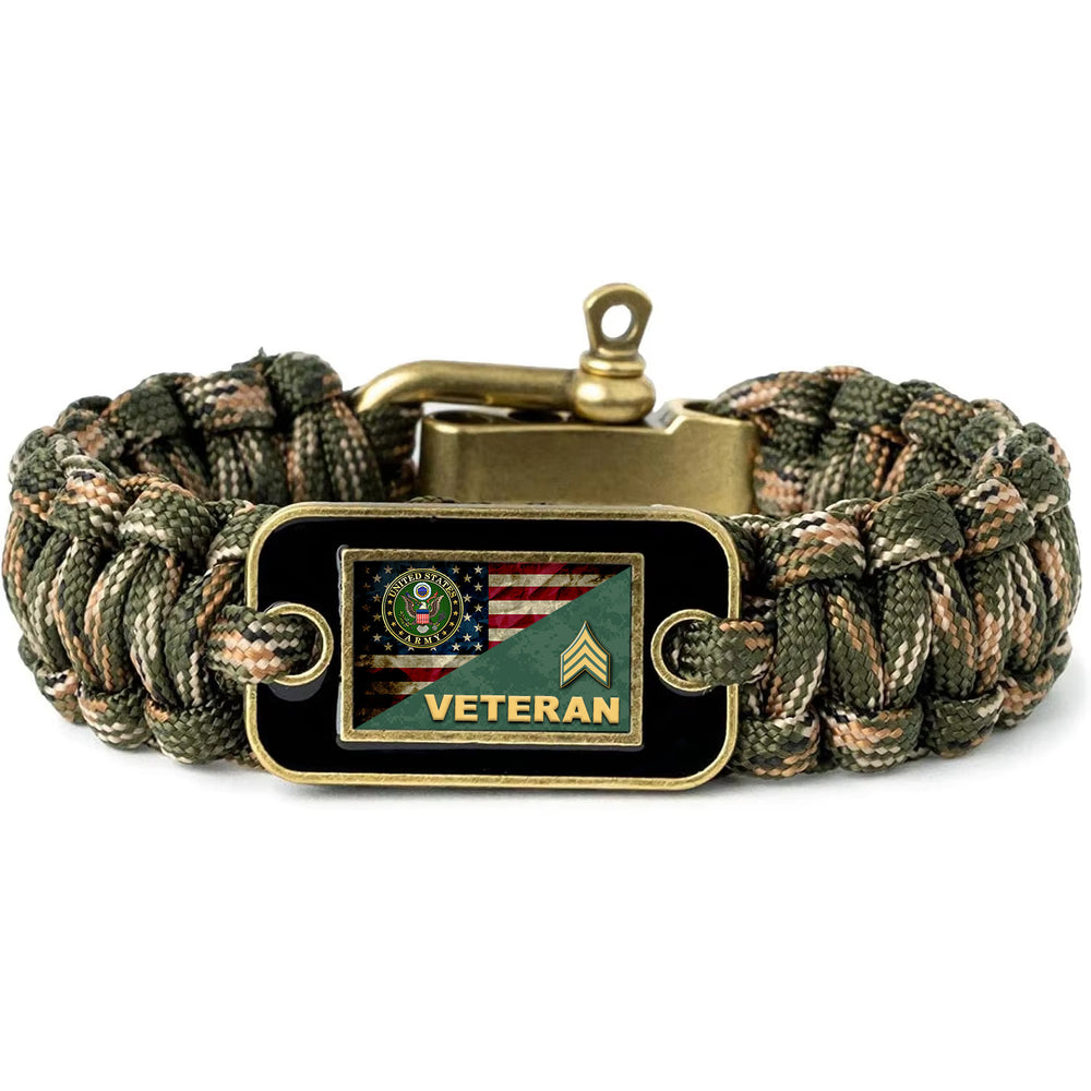 Military Veterans U.S Army Veteran Enlisted Rank Camo Paracord Bracelet - Tactical Survival Bracelet for Men with USA Flag Army Emblem & Rank