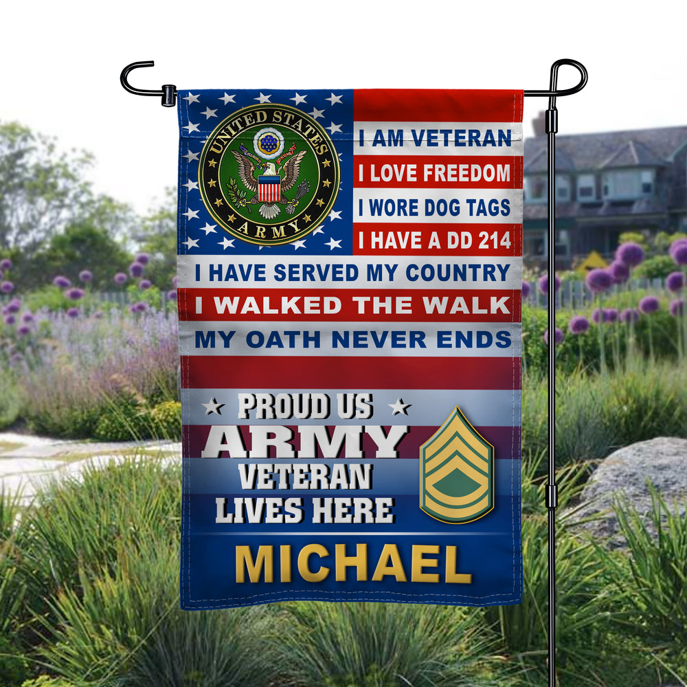 Proud US Army Veteran Lives Here Rank Army Veteran Garden Flag - Leave your name in our Note