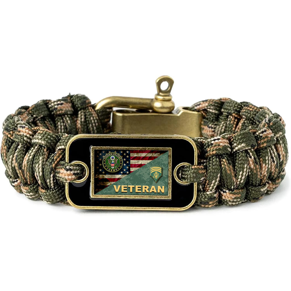 Military Veterans U.S Army Veteran Enlisted Rank Camo Paracord Bracelet - Tactical Survival Bracelet for Men with USA Flag Army Emblem & Rank