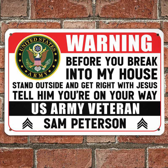 Personalized Metal Sign with Insignia Army Veteran Metal Sign Warning Sign