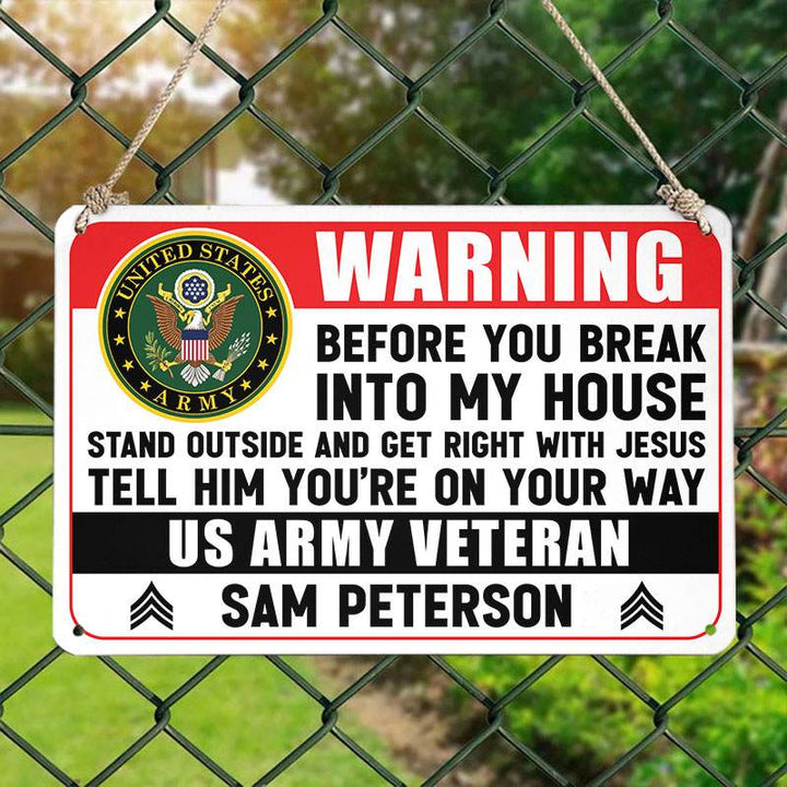 Personalized Metal Sign with Insignia Army Veteran Metal Sign Warning Sign