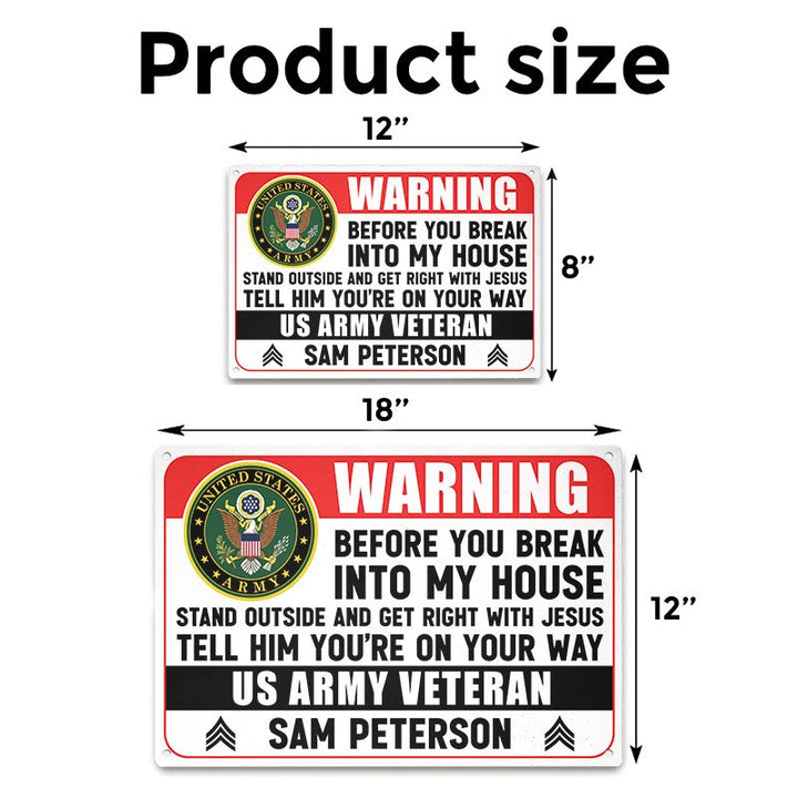Personalized Metal Sign with Insignia Army Veteran Metal Sign Warning Sign