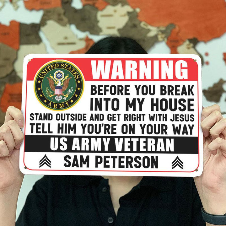 Personalized Metal Sign with Insignia Army Veteran Metal Sign Warning Sign