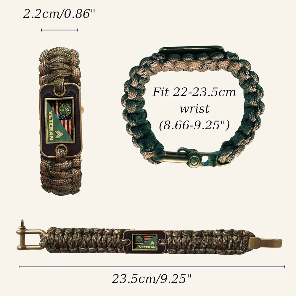Military Veterans U.S Army Veteran Enlisted Rank Camo Paracord Bracelet - Tactical Survival Bracelet for Men with USA Flag Army Emblem & Rank