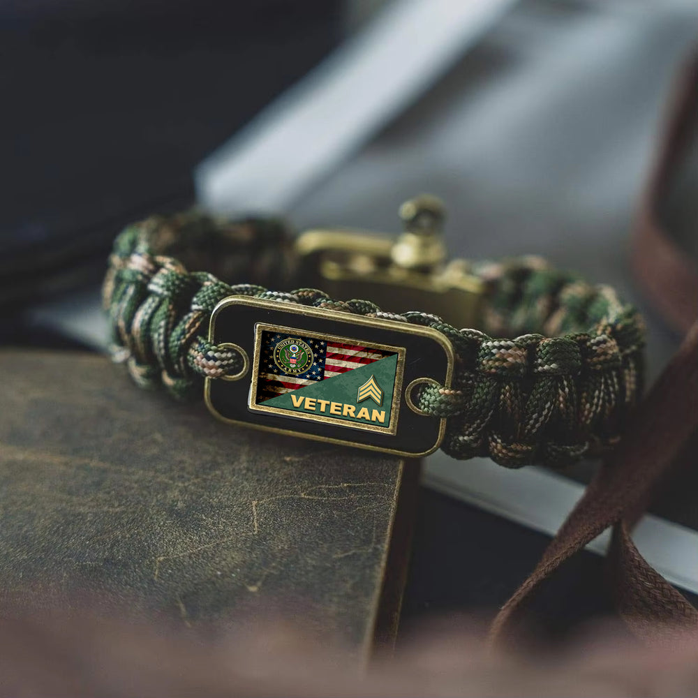 Military Veterans U.S Army Veteran Enlisted Rank Camo Paracord Bracelet - Tactical Survival Bracelet for Men with USA Flag Army Emblem & Rank