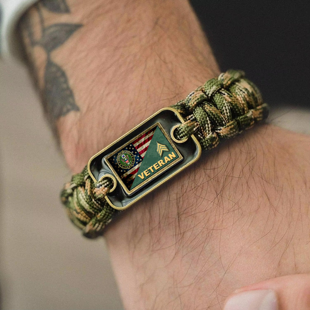 Military Veterans U.S Army Veteran Enlisted Rank Camo Paracord Bracelet - Tactical Survival Bracelet for Men with USA Flag Army Emblem & Rank