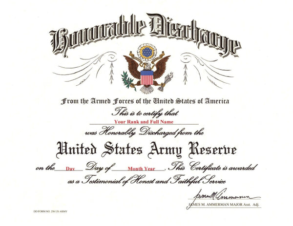 United States Army Reserve Honorable Discharge Replacement Certificate ...