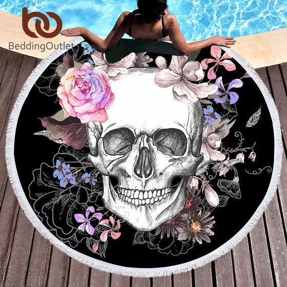 Sugar Skull Round Beach Towel Floral Tassel Tapestry Toalla Blanket 150cm