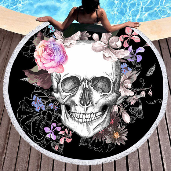Sugar Skull Round Beach Towel Floral Tassel Tapestry Toalla Blanket 150cm