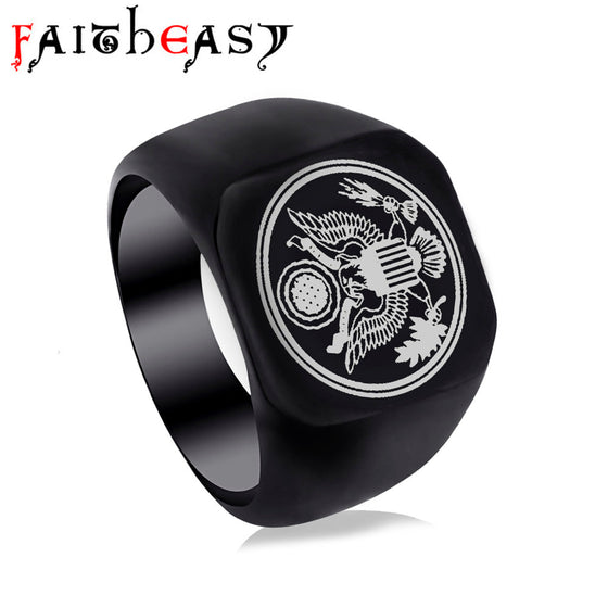 US Army Military Theme Punk Black Titanium Steel Rings For Men
