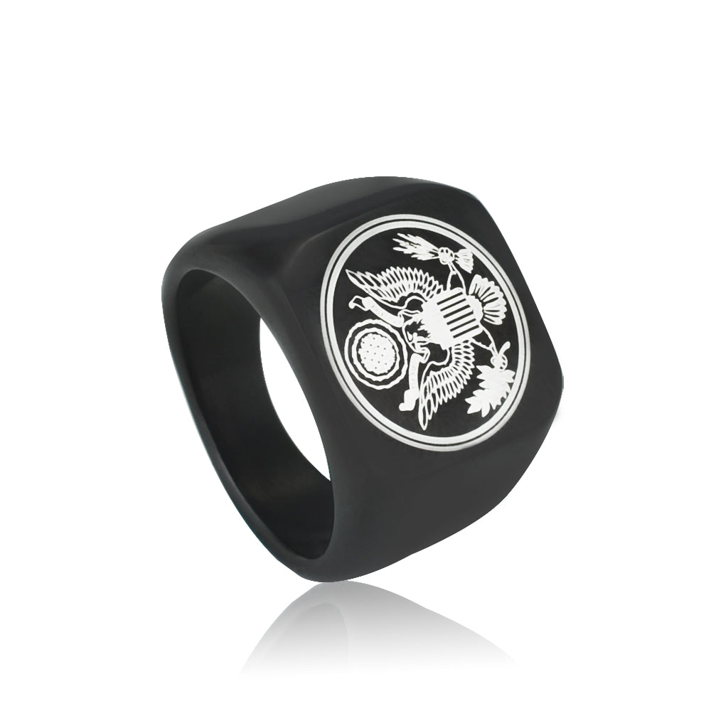 US Army Military Theme Punk Black Titanium Steel Rings For Men