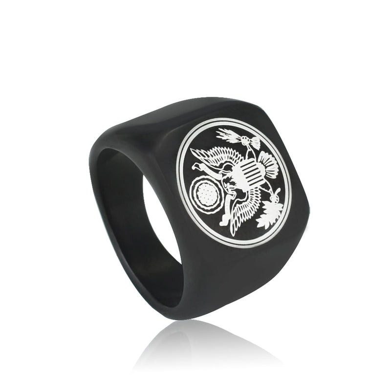 US Army Military Theme Punk Black Titanium Steel Rings For Men