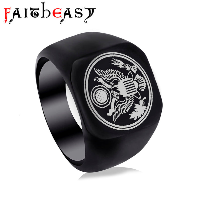 US Army Military Theme Punk Black Titanium Steel Rings For Men