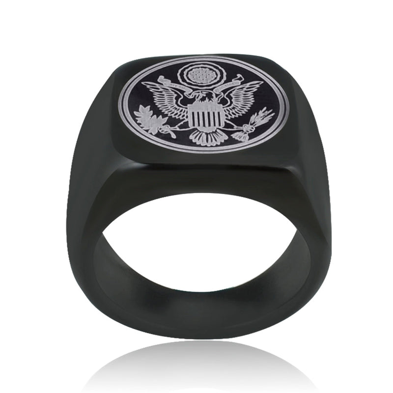 US Army Military Theme Punk Black Titanium Steel Rings For Men