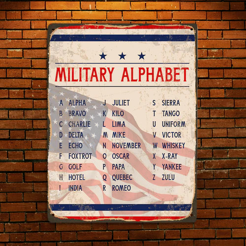Military Alphabet Army Navy Air Force USCG Metal Sign