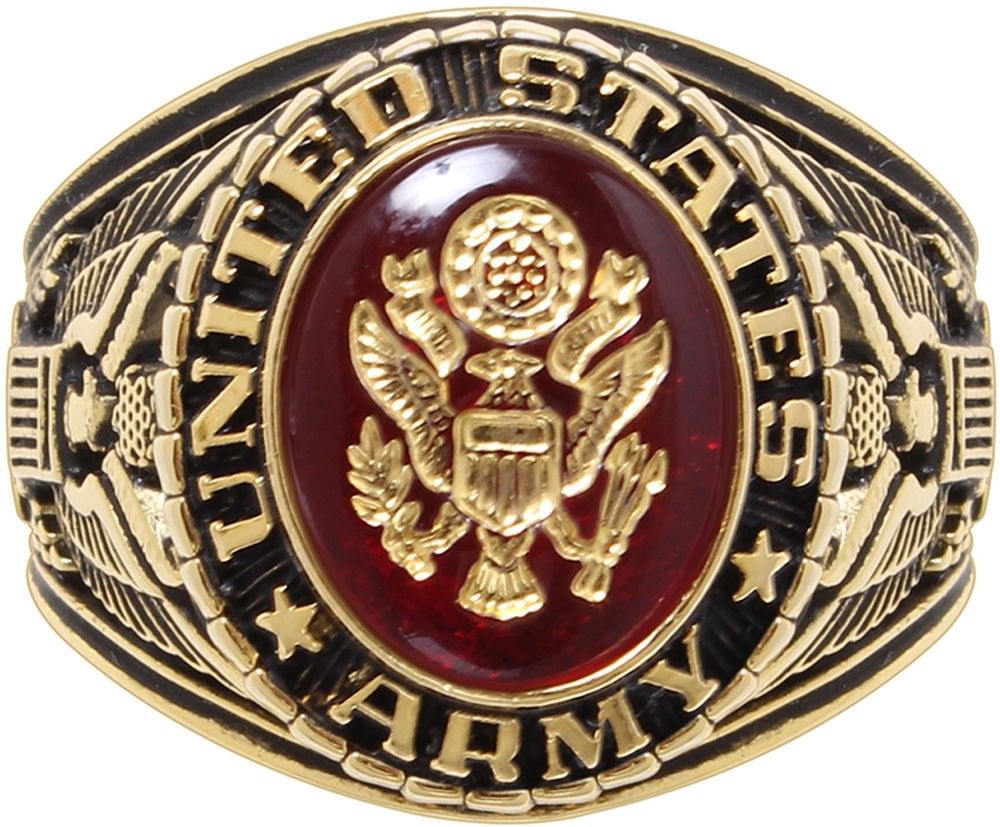 Gold Plated Deluxe 18k US Army Engraved Ring w/ Crystal Stone