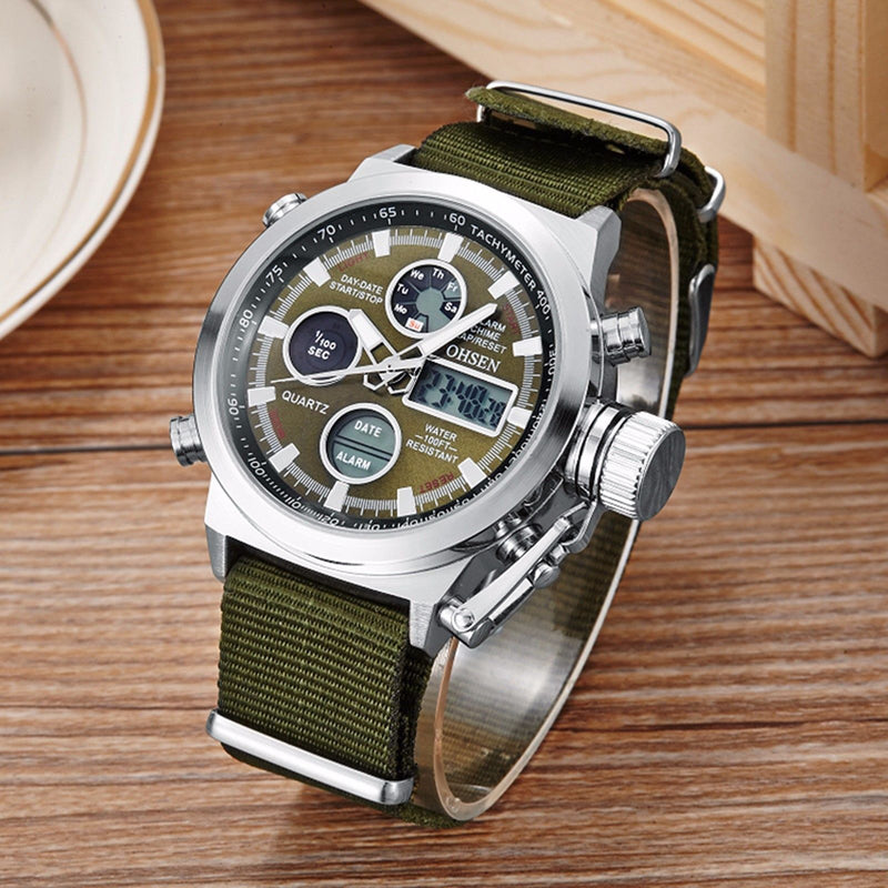 Military Army Green Analog Digital Quartz Nylon Canvas Wrist Watch Sport US