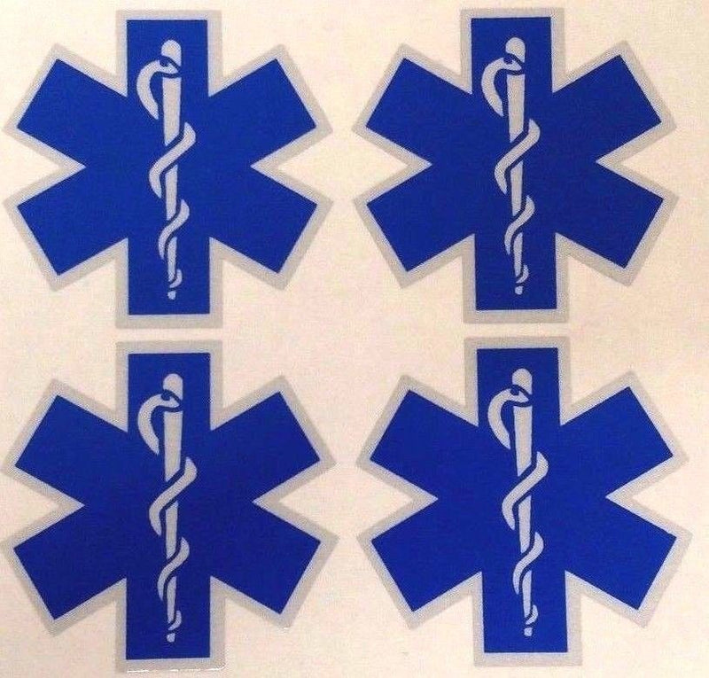 FOUR Blue Reflective Vinyl Star Of Life Car or Fire Helmet Decal EMS EMT 2 inch