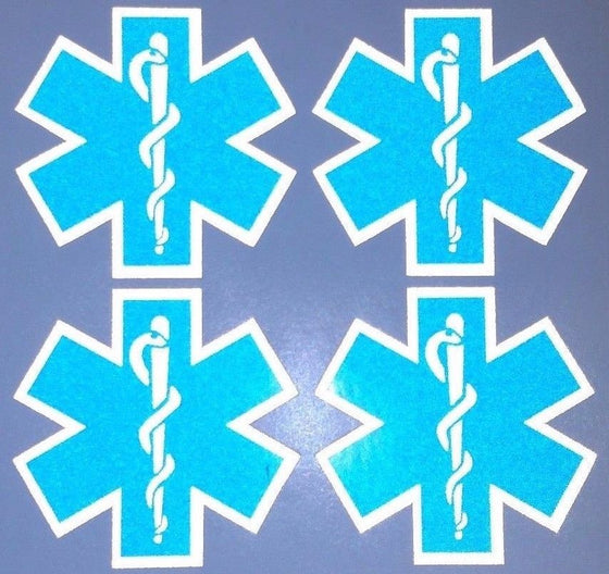 FOUR Blue Reflective Vinyl Star Of Life Car or Fire Helmet Decal EMS EMT 2 inch