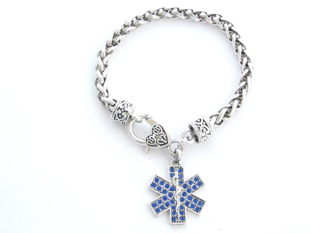 Paramedic Star of Life EMS EMT Blue Crystal Charm Lobster Claw Bracelet Jewelry