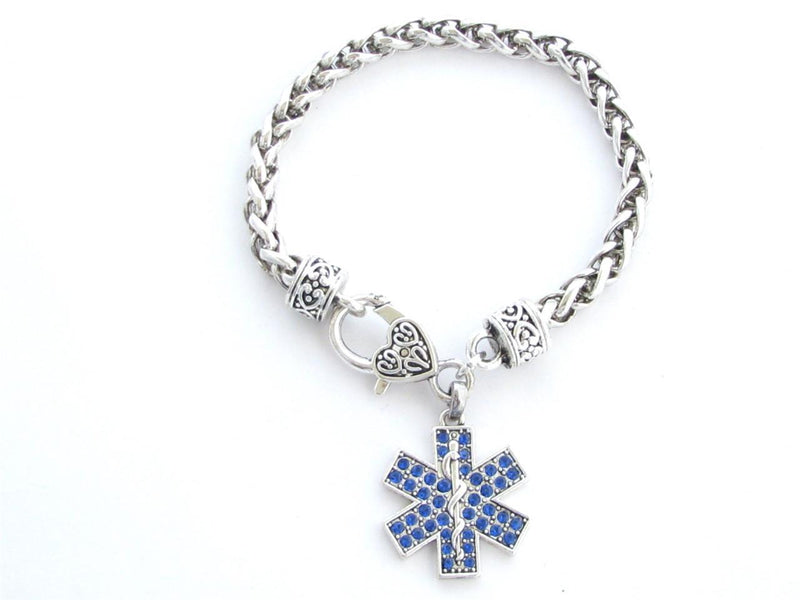 Paramedic Star of Life EMS EMT Blue Crystal Charm Lobster Claw Bracelet Jewelry