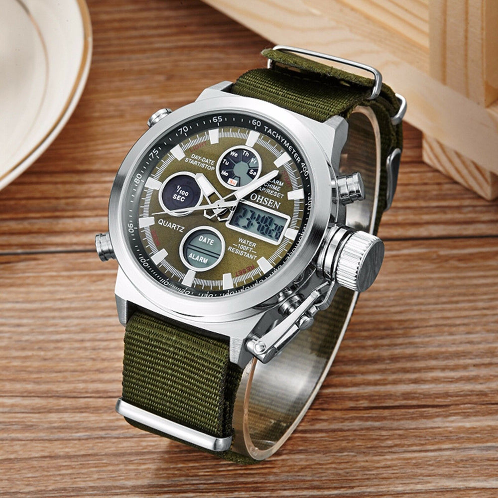 Men Military Army Green Analog Digital Quartz Nylon Canvas Wrist Watch Sport US