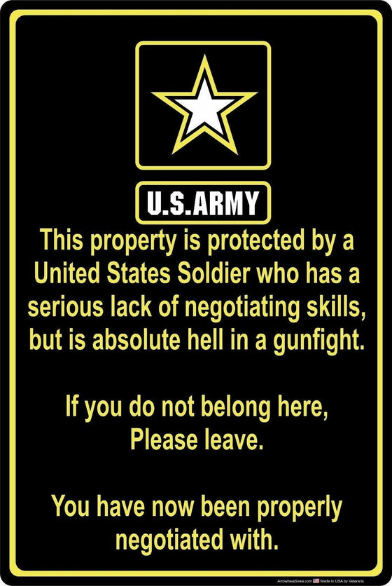 MADE IN US Property Protected by Soldier U.S. Army 8" x 12" Aluminum Metal Sign