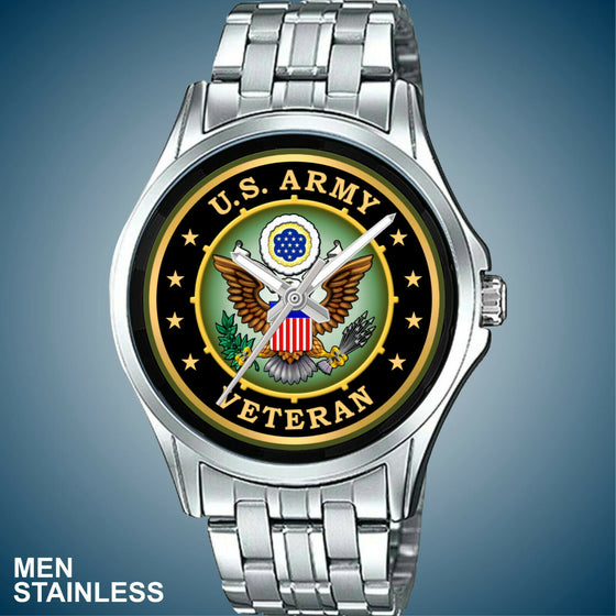United States Army Veteran Seal Coat of Arms Emblem New Man's Stainles Watch
