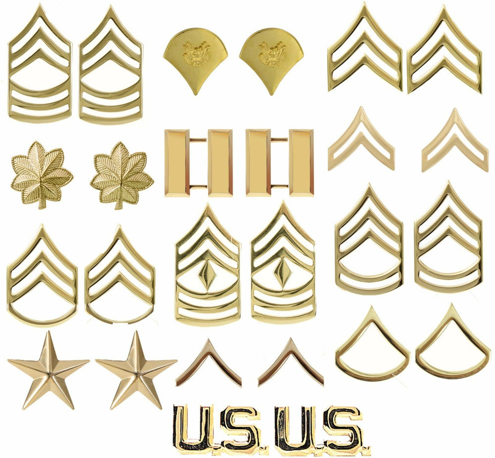 US Army Rank Insignia Gold Polished Pin Set - USA Made