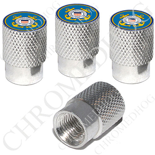 4 Silver Billet Aluminum Knurled Tire Air Valve Stem Caps - USCG Coast Guard USA