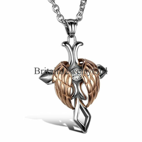 Stainless Steel Mens Women Angel Wing Celtic Cross Pendant Chain Necklace 22"